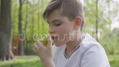 肖像小男孩坐在绿色公园里抱着枕头，在户外吃一个苹果。 户外娱乐活动。